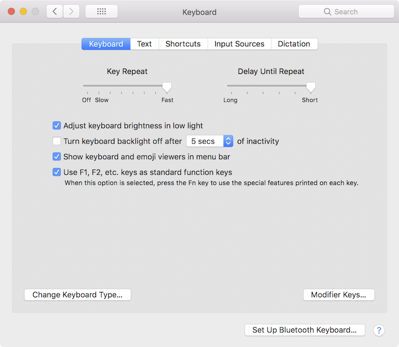 Setting for key repeating and delay